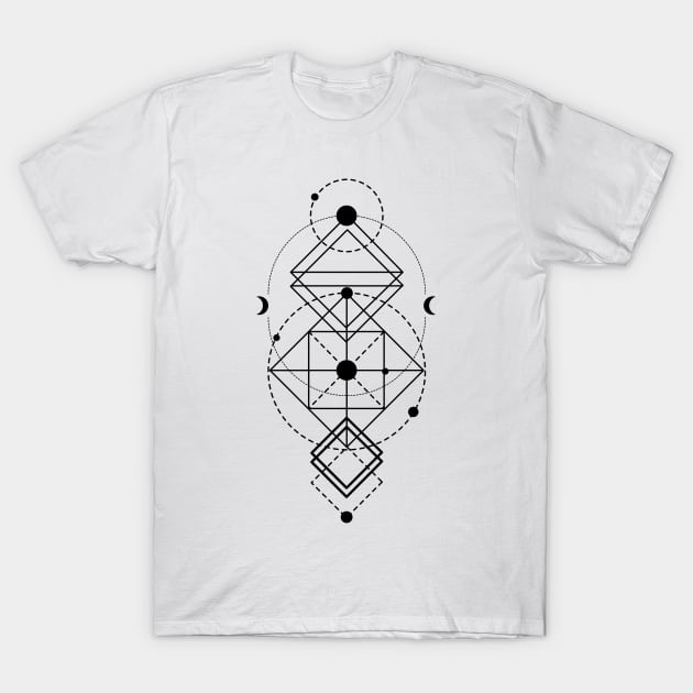 Geometric Symbol Perfect Symmetry with Moons and Diamonds Black Version T-Shirt by Always Growing Boutique